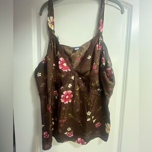 Old Navy Brown Top with Pink and Green Floral Design